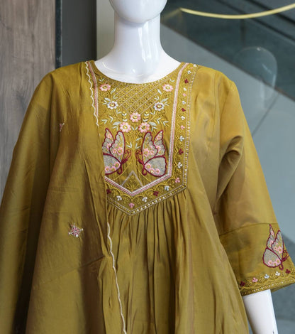 Golden Meadow Butterfly Embroidered Anarkali Suit Set