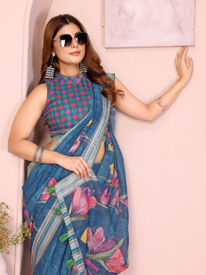 Elegant Linen Cotton Saree with Vibrant Floral Print