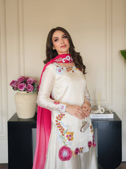 NEW ĐĚSIGNER PARTY WEAR TOP AND PLAZZO. WITH FANCY DUPPATA AND EMBROIDERY WORK