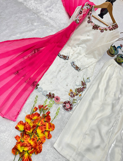 NEW ĐĚSIGNER PARTY WEAR TOP AND PLAZZO. WITH FANCY DUPPATA AND EMBROIDERY WORK
