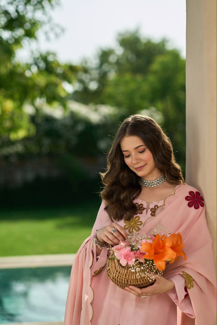 Beautiful Blush Pink Floral Embroidered Suit Set
