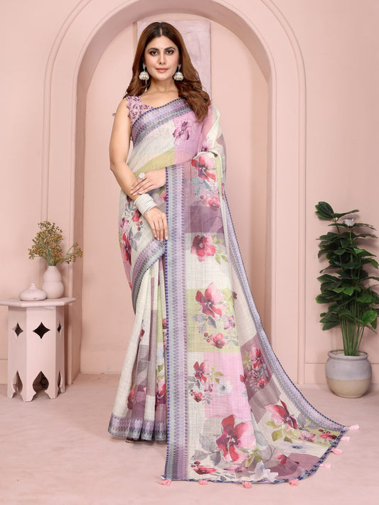 Beautiful Pastel Multi-Tone Linen Cotton Saree with Artistic Floral Prints