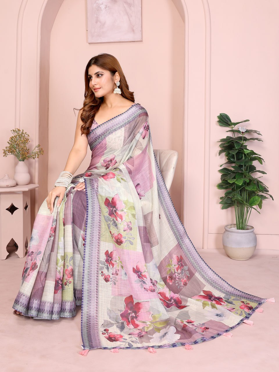 Beautiful Pastel Multi-Tone Linen Cotton Saree with Artistic Floral Prints