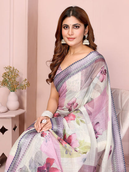 Beautiful Pastel Multi-Tone Linen Cotton Saree with Artistic Floral Prints