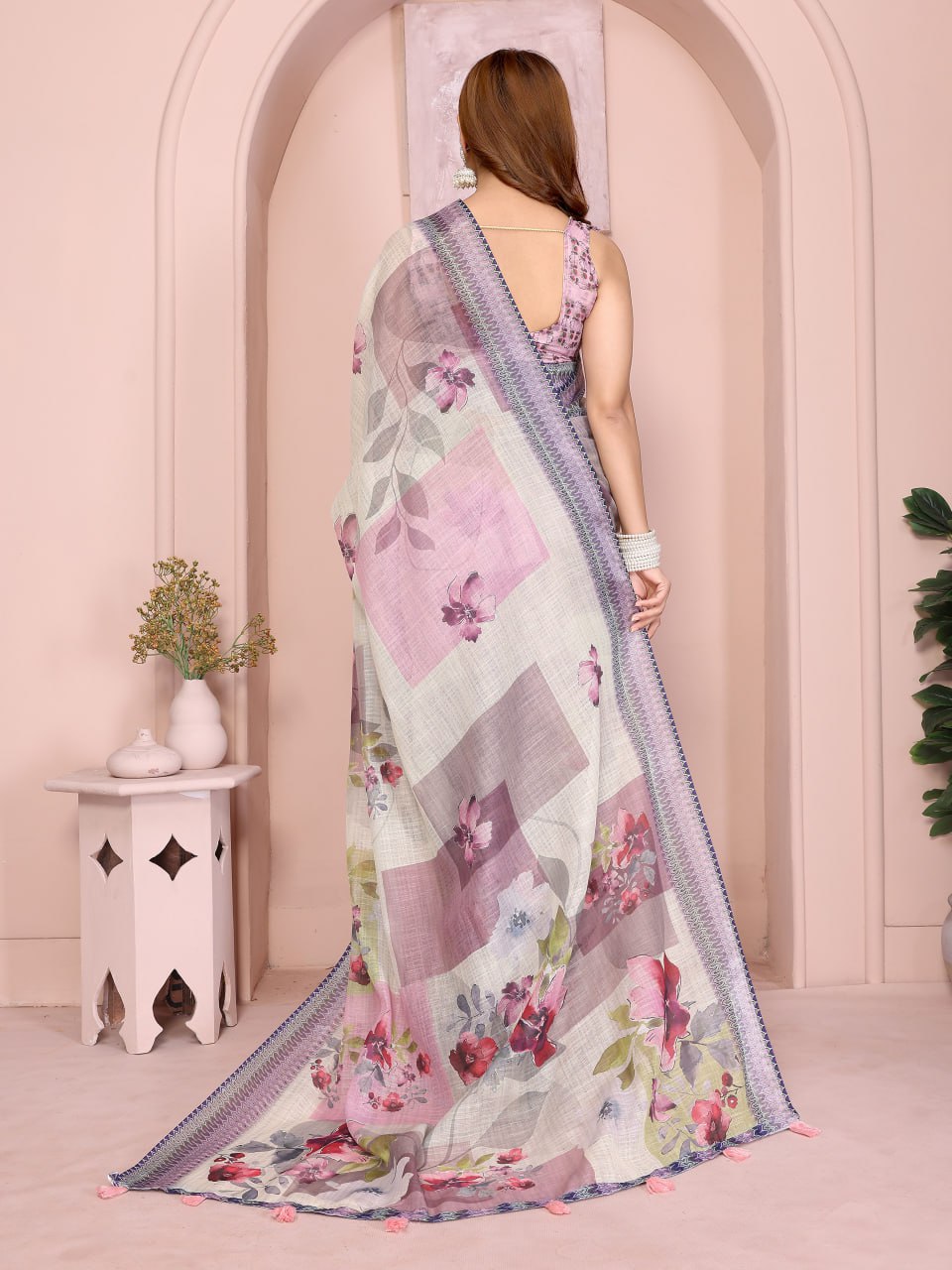 Beautiful Pastel Multi-Tone Linen Cotton Saree with Artistic Floral Prints
