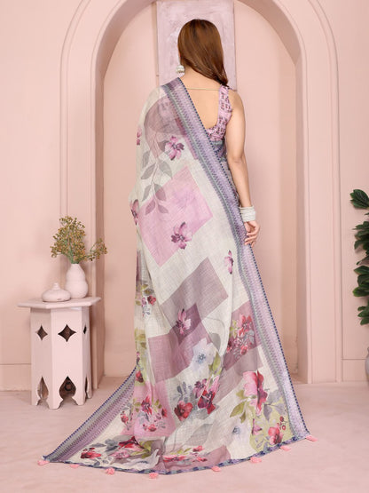 Beautiful Pastel Multi-Tone Linen Cotton Saree with Artistic Floral Prints