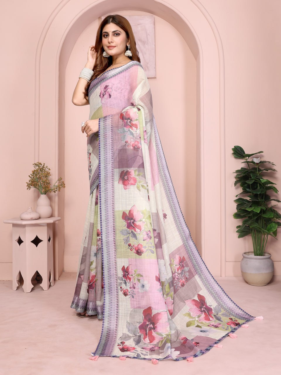 Beautiful Pastel Multi-Tone Linen Cotton Saree with Artistic Floral Prints