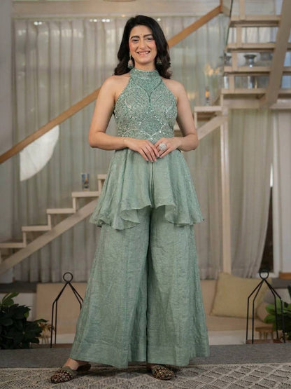 Glamorous Designer Sage Green Halter Neck Peplum Kurta with Palazzo Set