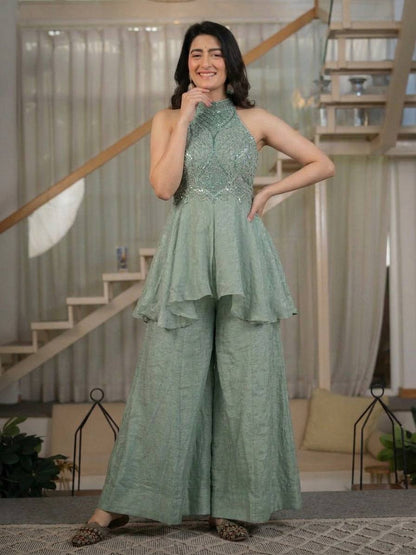 Glamorous Designer Sage Green Halter Neck Peplum Kurta with Palazzo Set
