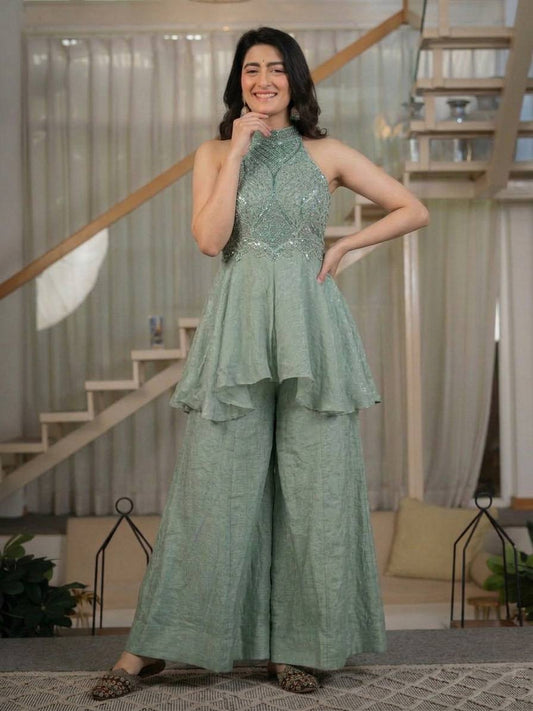 Glamorous Designer Sage Green Halter Neck Peplum Kurta with Palazzo Set