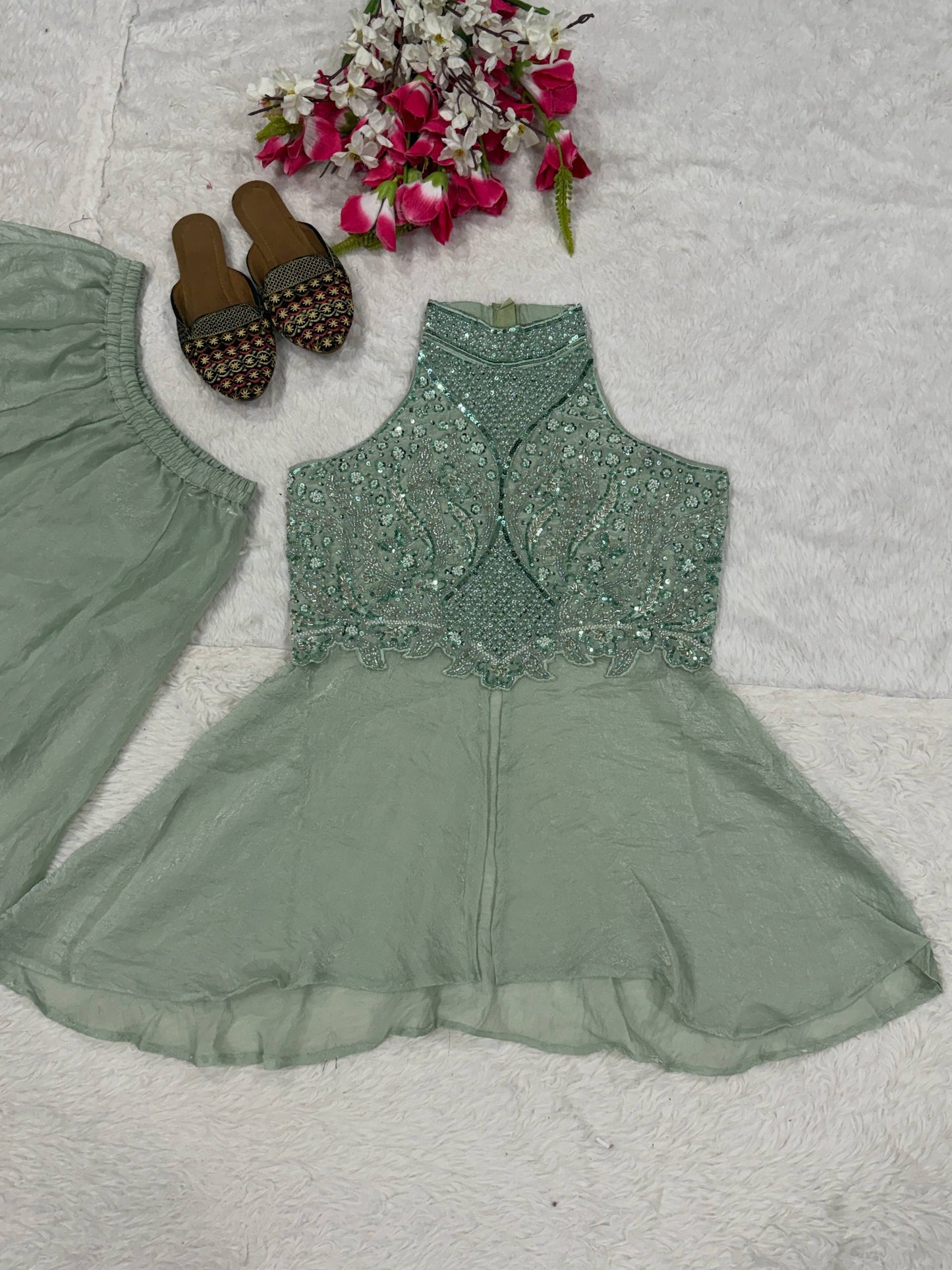 Glamorous Designer Sage Green Halter Neck Peplum Kurta with Palazzo Set