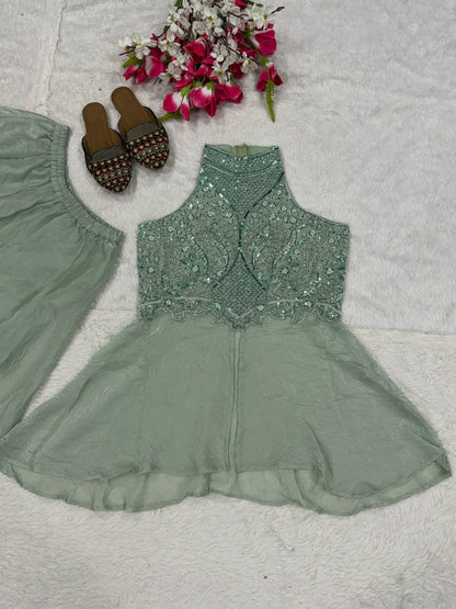 Glamorous Designer Sage Green Halter Neck Peplum Kurta with Palazzo Set