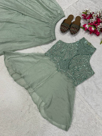 Glamorous Designer Sage Green Halter Neck Peplum Kurta with Palazzo Set