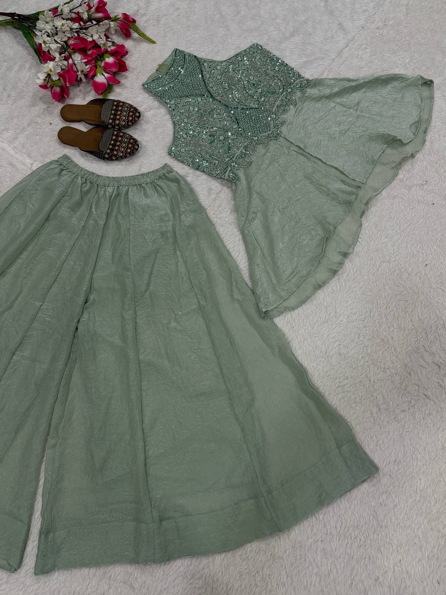 Glamorous Designer Sage Green Halter Neck Peplum Kurta with Palazzo Set