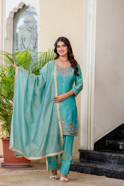 Elegant Aqua Blue Embroidered Suit Set