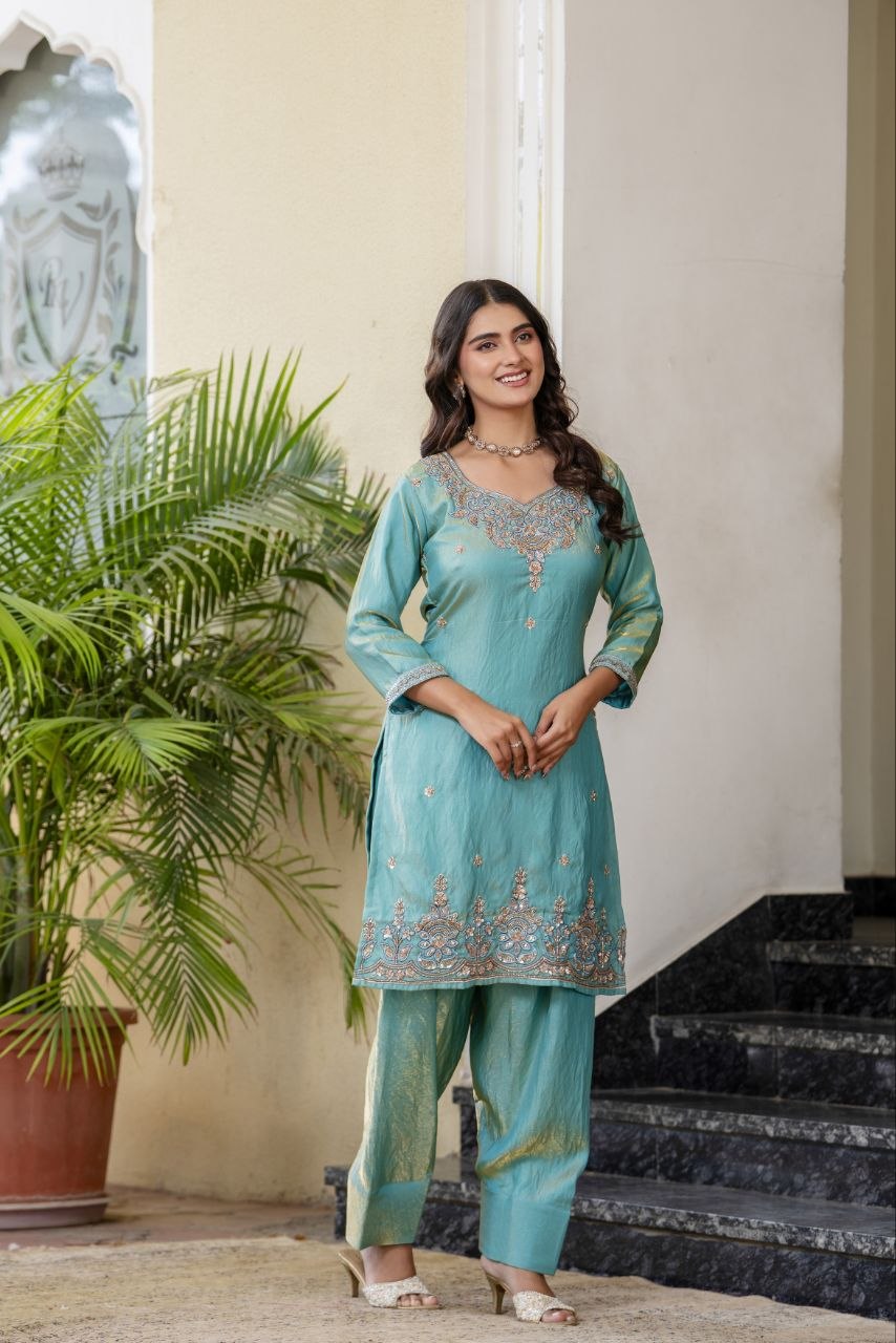Elegant Aqua Blue Embroidered Suit Set