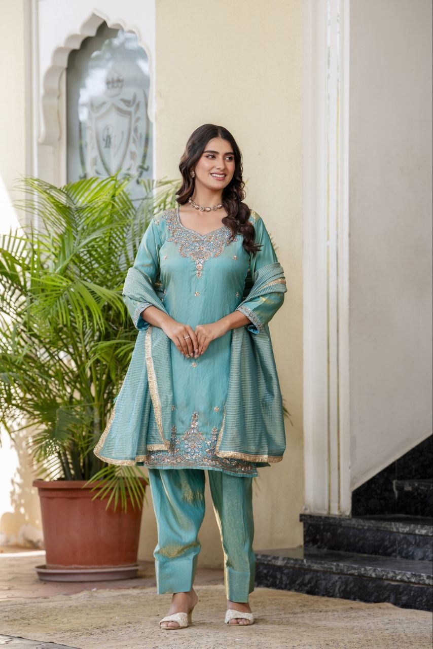 Elegant Aqua Blue Embroidered Suit Set