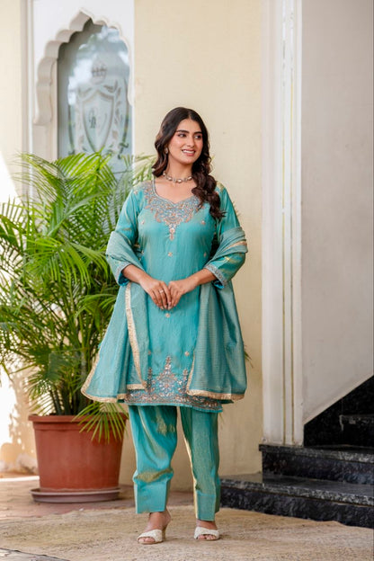 Elegant Aqua Blue Embroidered Suit Set