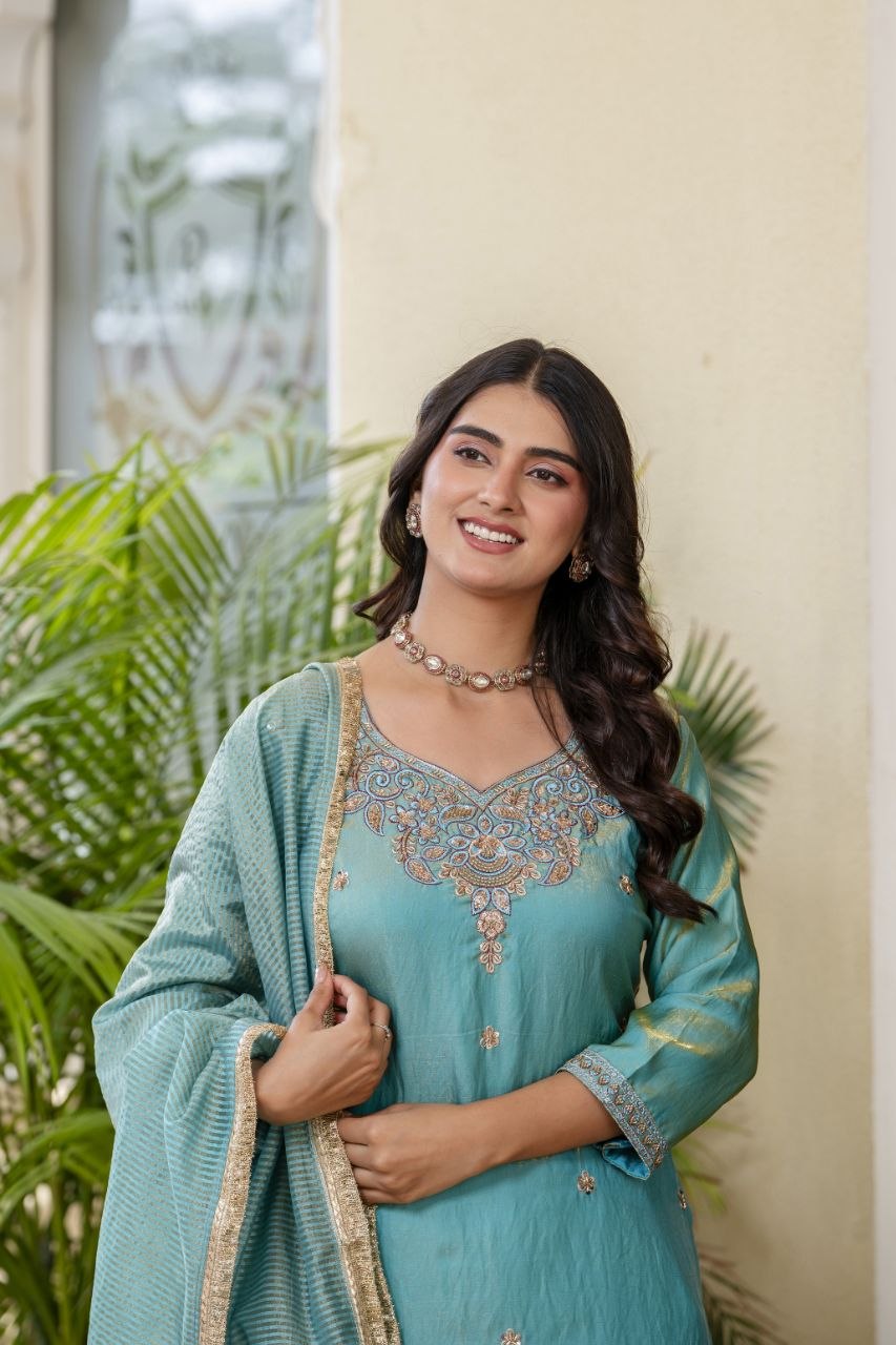 Elegant Aqua Blue Embroidered Suit Set