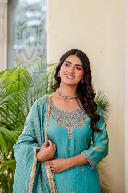 Elegant Aqua Blue Embroidered Suit Set
