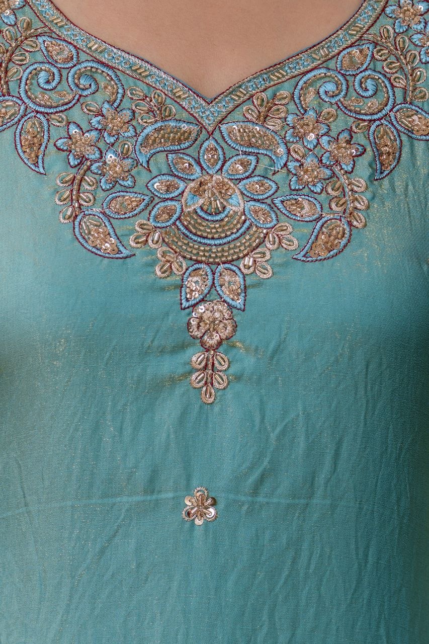 Elegant Aqua Blue Embroidered Suit Set