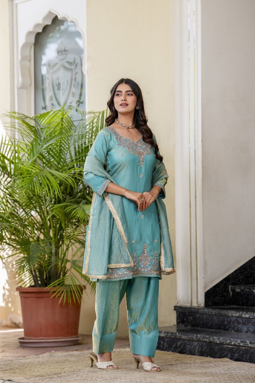 Elegant Aqua Blue Embroidered Suit Set