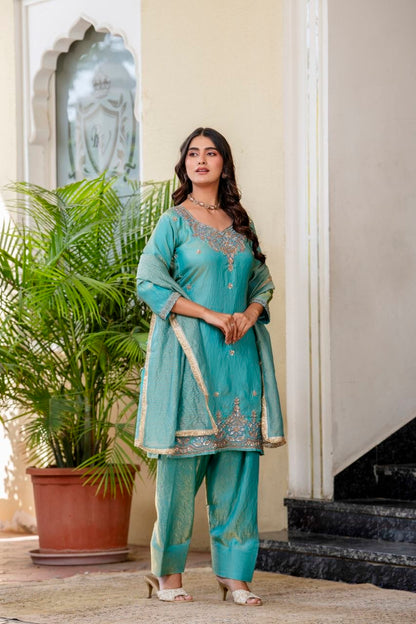 Elegant Aqua Blue Embroidered Suit Set