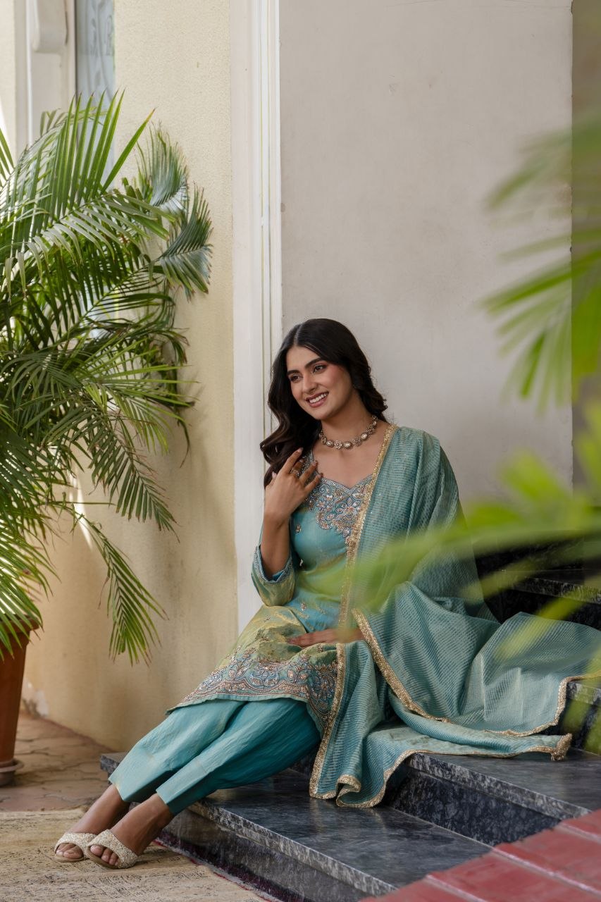 Elegant Aqua Blue Embroidered Suit Set
