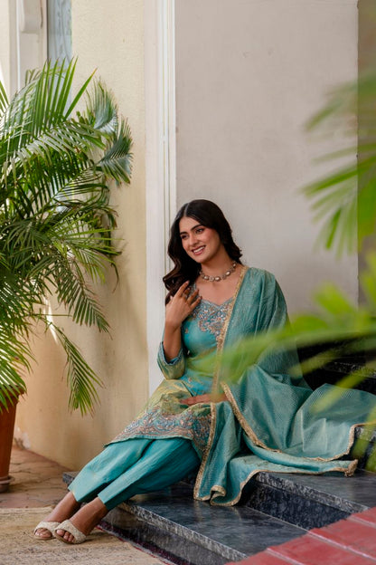 Elegant Aqua Blue Embroidered Suit Set