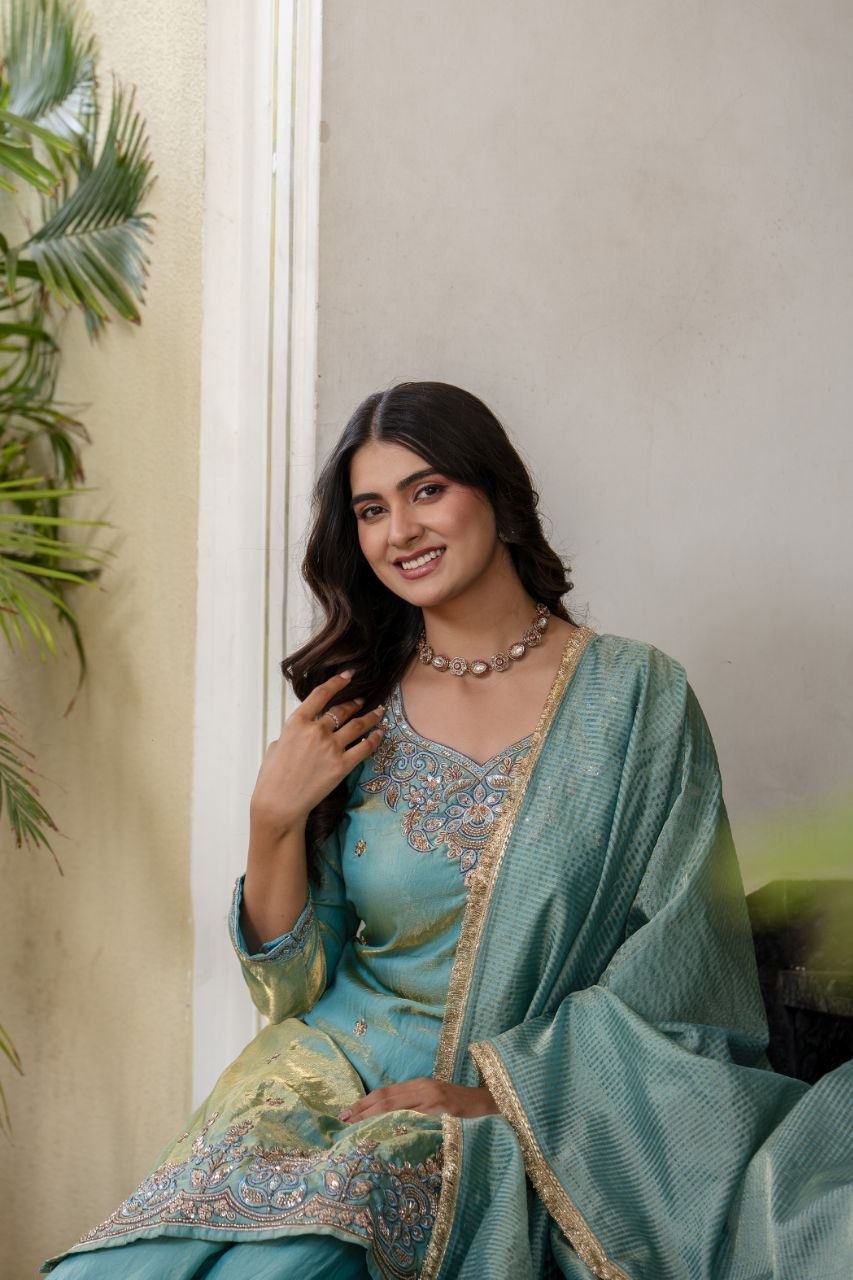 Elegant Aqua Blue Embroidered Suit Set