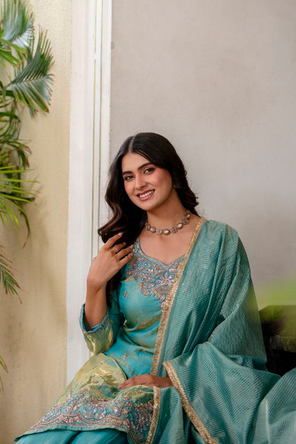 Elegant Aqua Blue Embroidered Suit Set