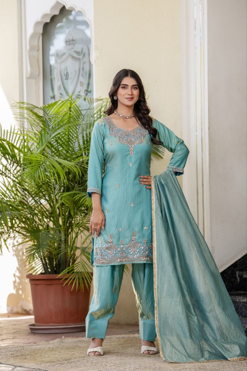 Elegant Aqua Blue Embroidered Suit Set