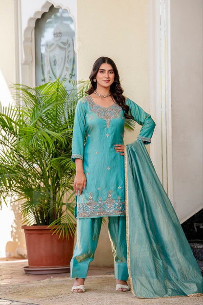 Elegant Aqua Blue Embroidered Suit Set