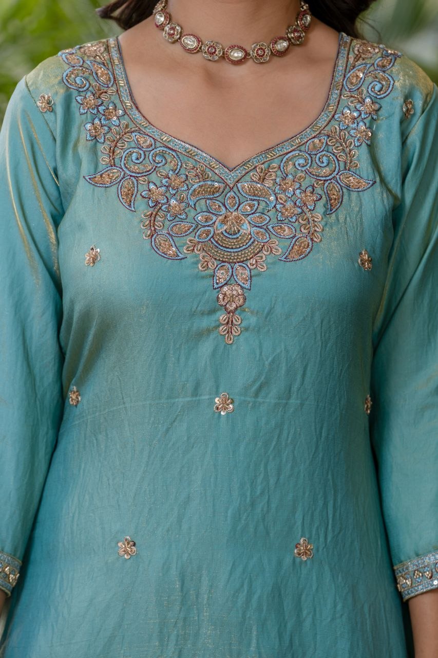 Elegant Aqua Blue Embroidered Suit Set