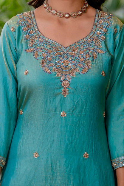 Elegant Aqua Blue Embroidered Suit Set