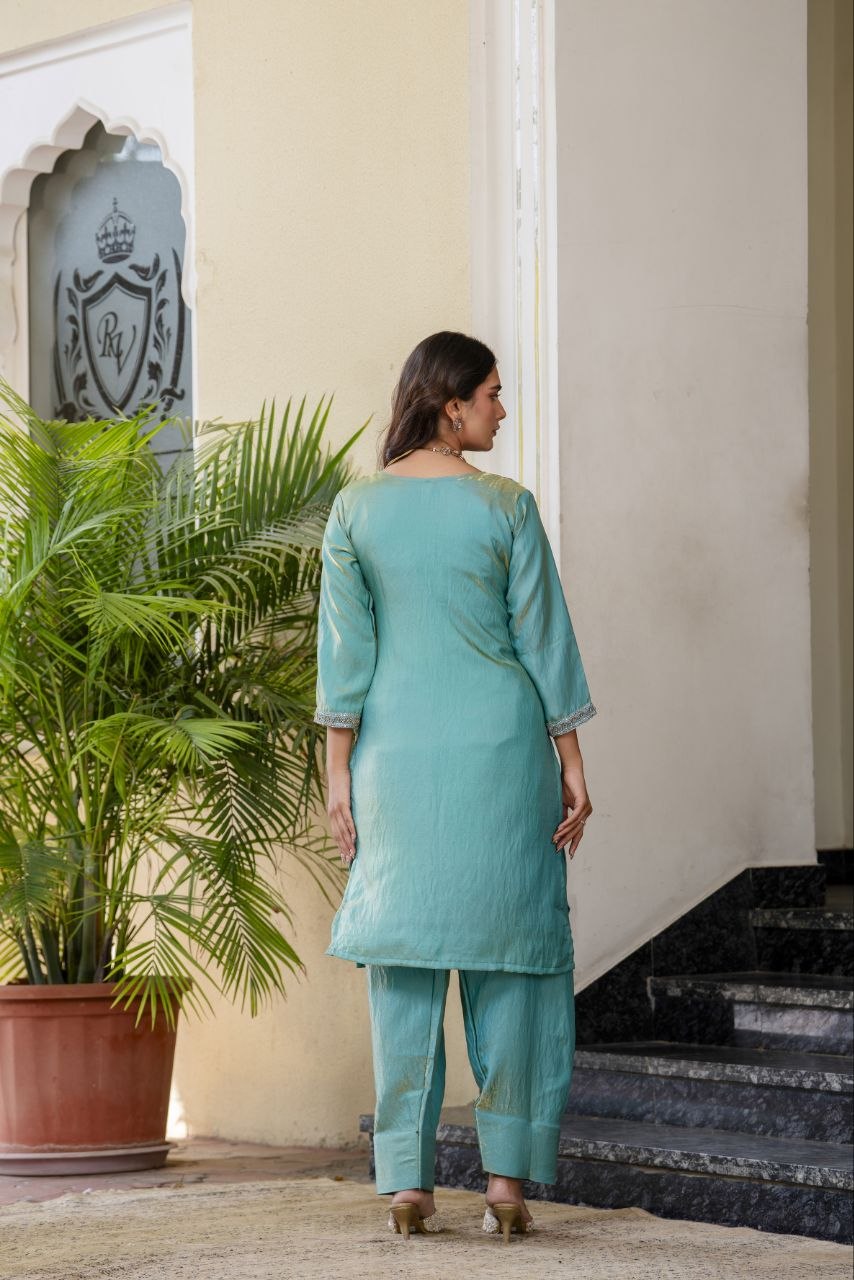 Elegant Aqua Blue Embroidered Suit Set