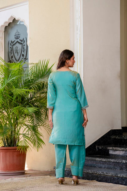 Elegant Aqua Blue Embroidered Suit Set