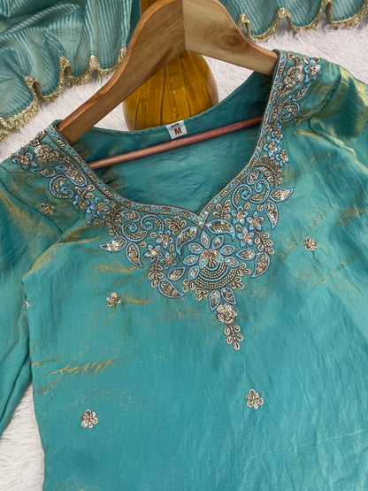 Elegant Aqua Blue Embroidered Suit Set