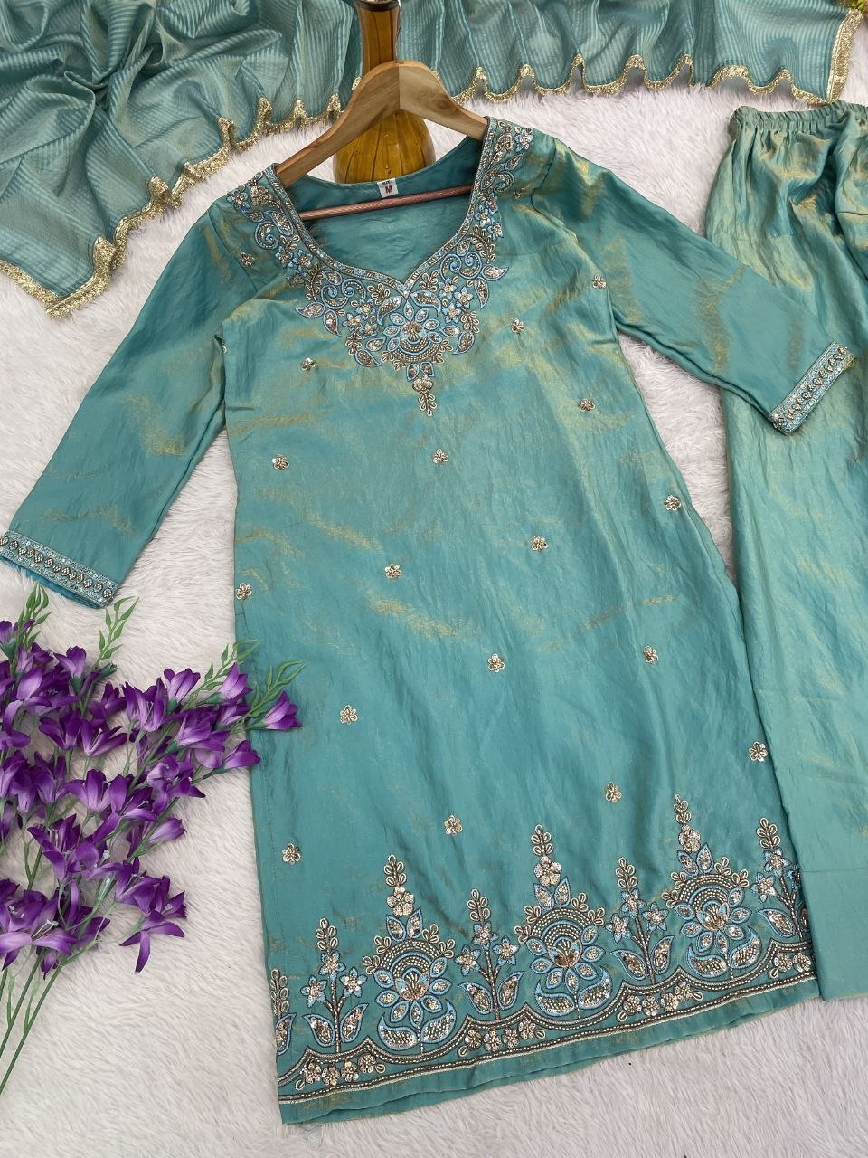 Elegant Aqua Blue Embroidered Suit Set