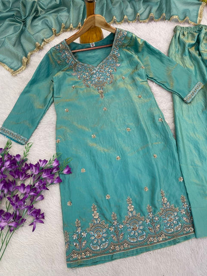 Elegant Aqua Blue Embroidered Suit Set