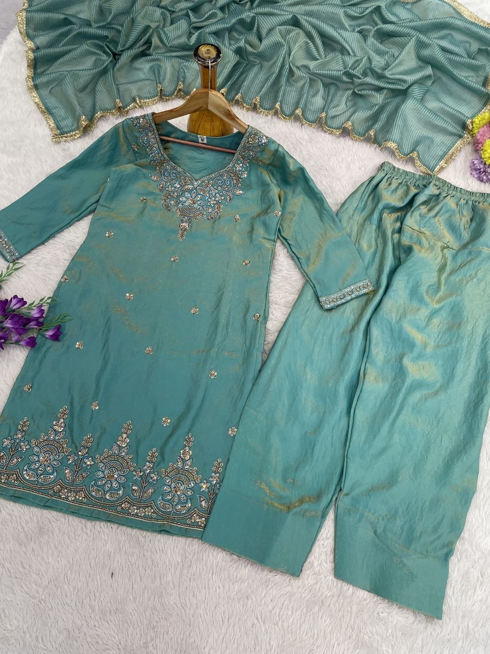 Elegant Aqua Blue Embroidered Suit Set
