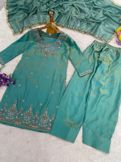 Elegant Aqua Blue Embroidered Suit Set
