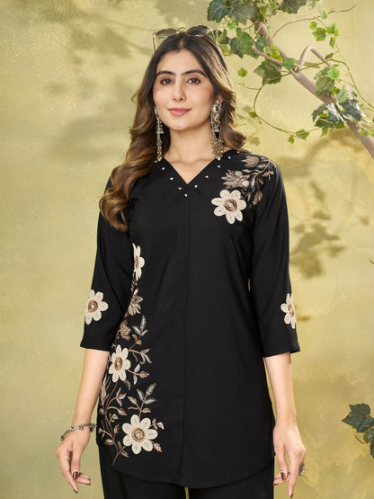 Elegant Black Floral Embroidered Co-Ord Set for Women