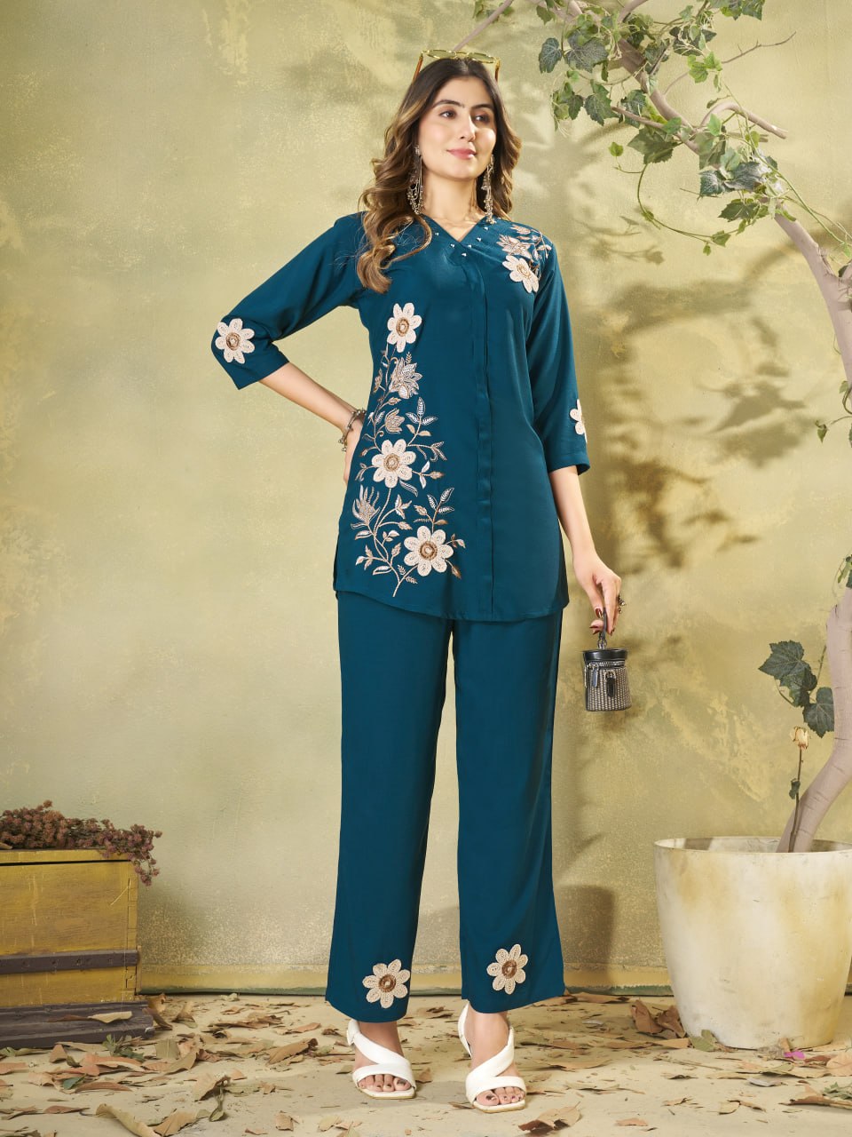 Elegant Teal Blue Floral Embroidered Co-Ord Set for Women