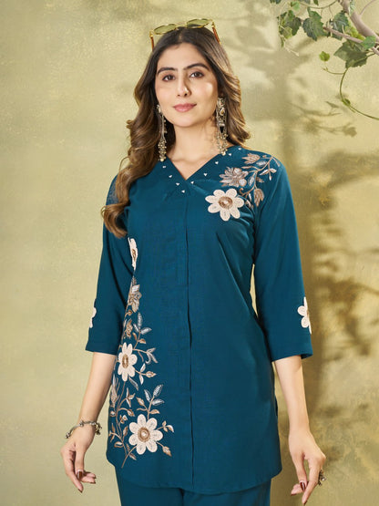 Elegant Teal Blue Floral Embroidered Co-Ord Set for Women