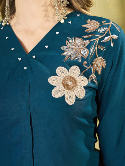 Elegant Teal Blue Floral Embroidered Co-Ord Set for Women