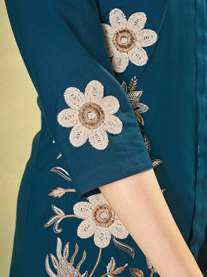 Elegant Teal Blue Floral Embroidered Co-Ord Set for Women
