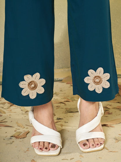 Elegant Teal Blue Floral Embroidered Co-Ord Set for Women