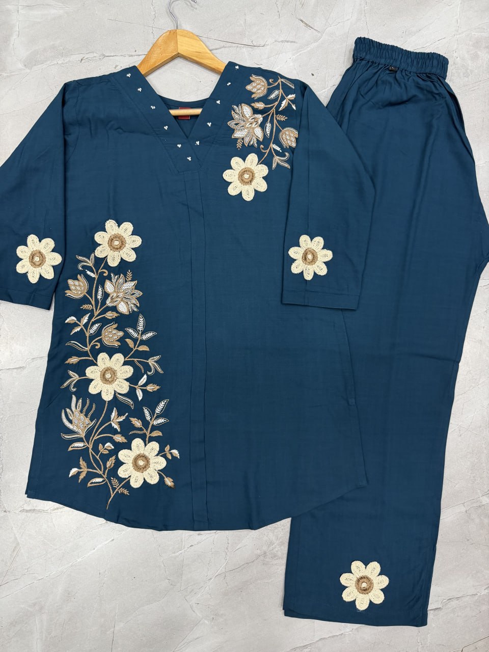 Elegant Teal Blue Floral Embroidered Co-Ord Set for Women