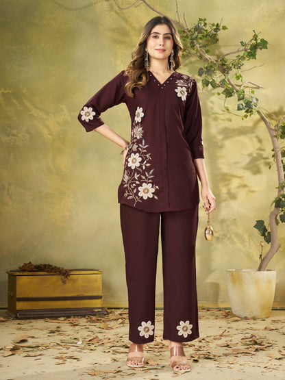 Elegant Brown Floral Embroidered Co-Ord Set for Women